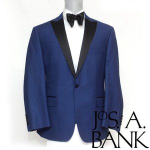 NWT JOS A BANK 44R Blue Tuxedo Jacket Black Satin Lapel Tailored Fit Wool/Linen